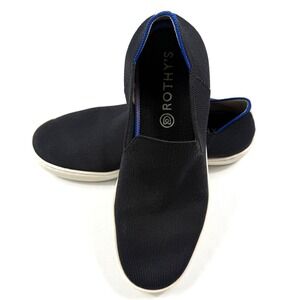 Rothys Slip On Sneakers Black Knit Round Toe Blue Stripe Heel Womens 9.5